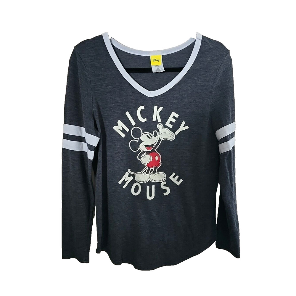 Disney Gray Mickey Mouse Graphic‎ Varsity Stripe Long Sleeve Top Womans Size LG